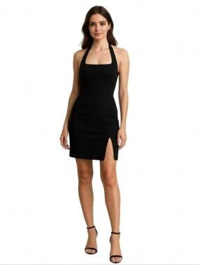 Cache Vintage Black Halter Neck Open Back Mini Dress